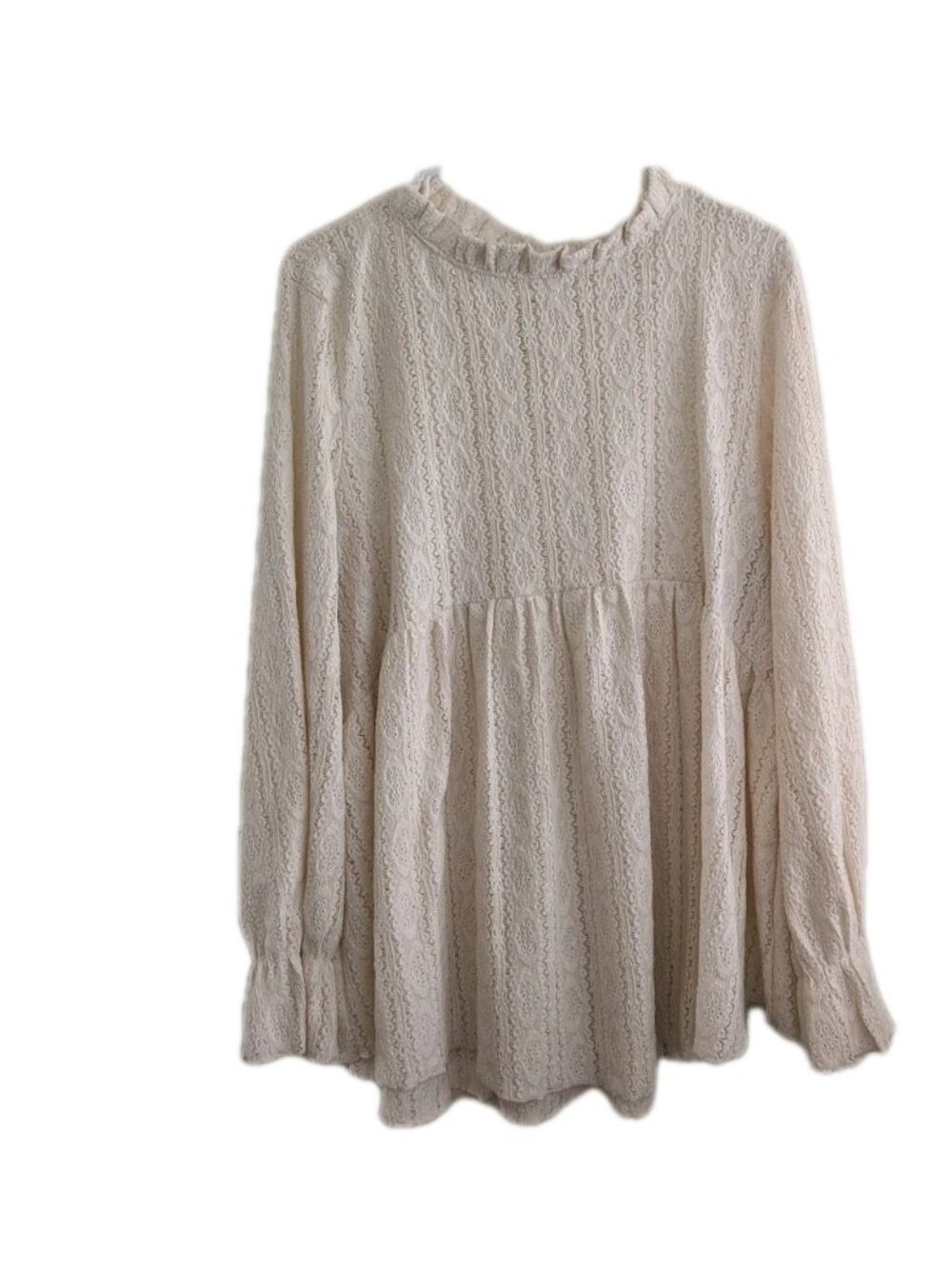 Romantic Eyelet Lace Blouse Cream Ruffle Mock Neck Babydoll Boho Peplum Top XL